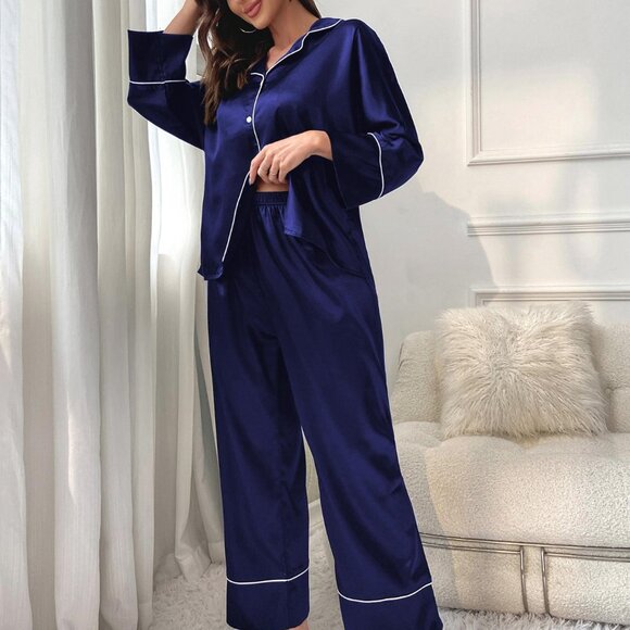 Women's synthetic silk pajama set with long sleeves for home wear - Picture 3 of 6